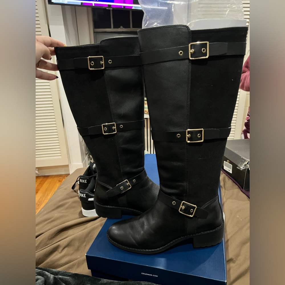 Cole Haan Salem Black Leather Triple Buckle Knee High Riding Boots